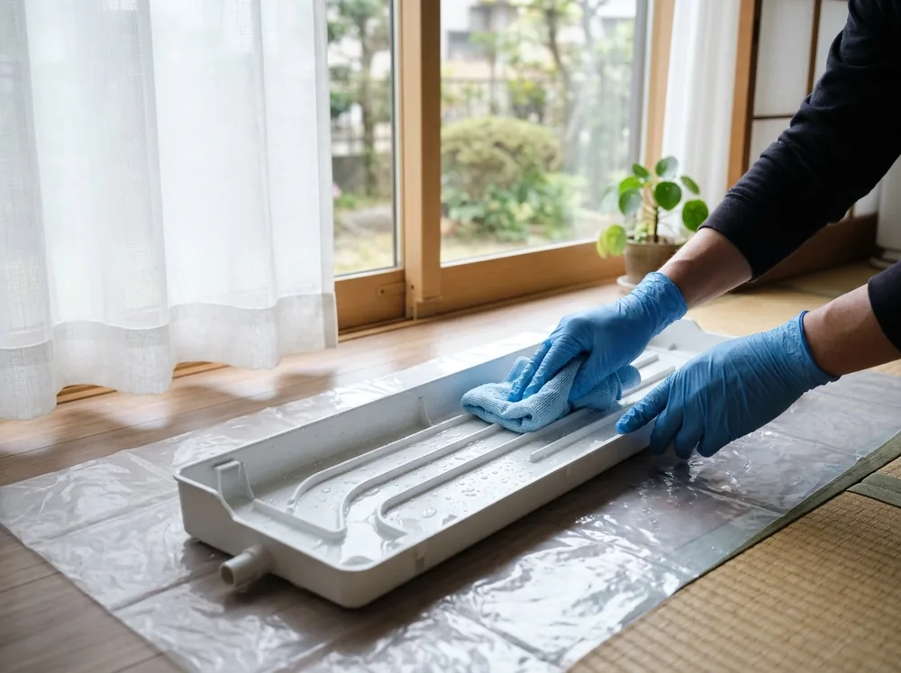 洗い終えたドレンパンを明るい窓辺のシートに置き、手袋をした手で溝に残った水を布で拭き取っている様子