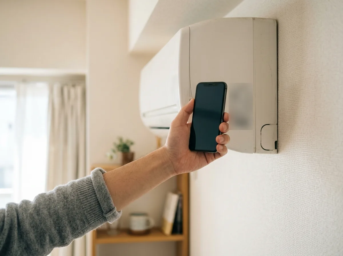 見積もりのために、壁掛けエアコンの側面にスマートフォンを向けて型番の表示を撮ろうとしている手元