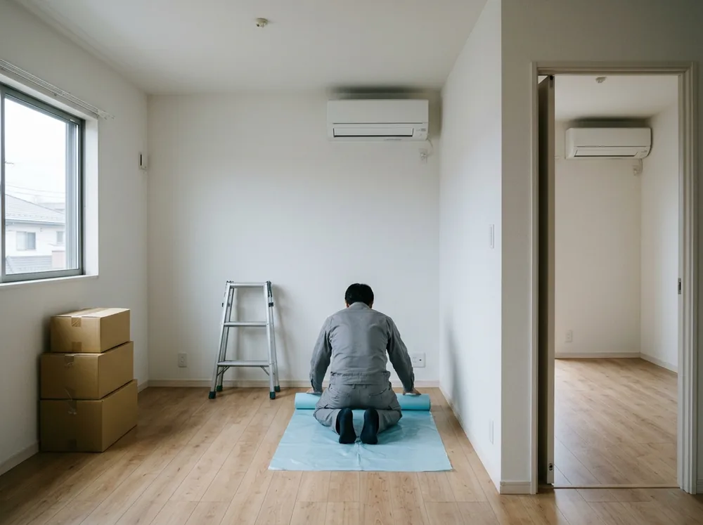 家具を運び出した空き部屋で、壁のエアコンの下に作業者が養生シートを広げている後ろ姿