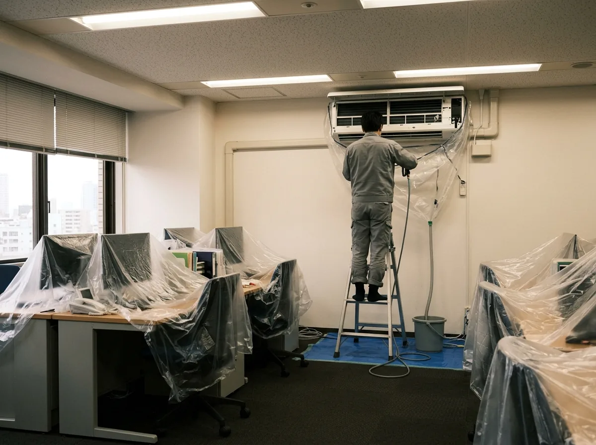 休日の事務所で机とパソコンをビニールで覆い、壁の大きなエアコンを脚立に乗って洗っている作業者の後ろ姿