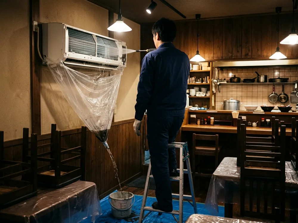 閉店後の小さな飲食店で、テーブルと椅子をシートで覆い、壁に付いた業務用エアコンの内部に高圧洗浄機の水を当てている作業者の後ろ姿