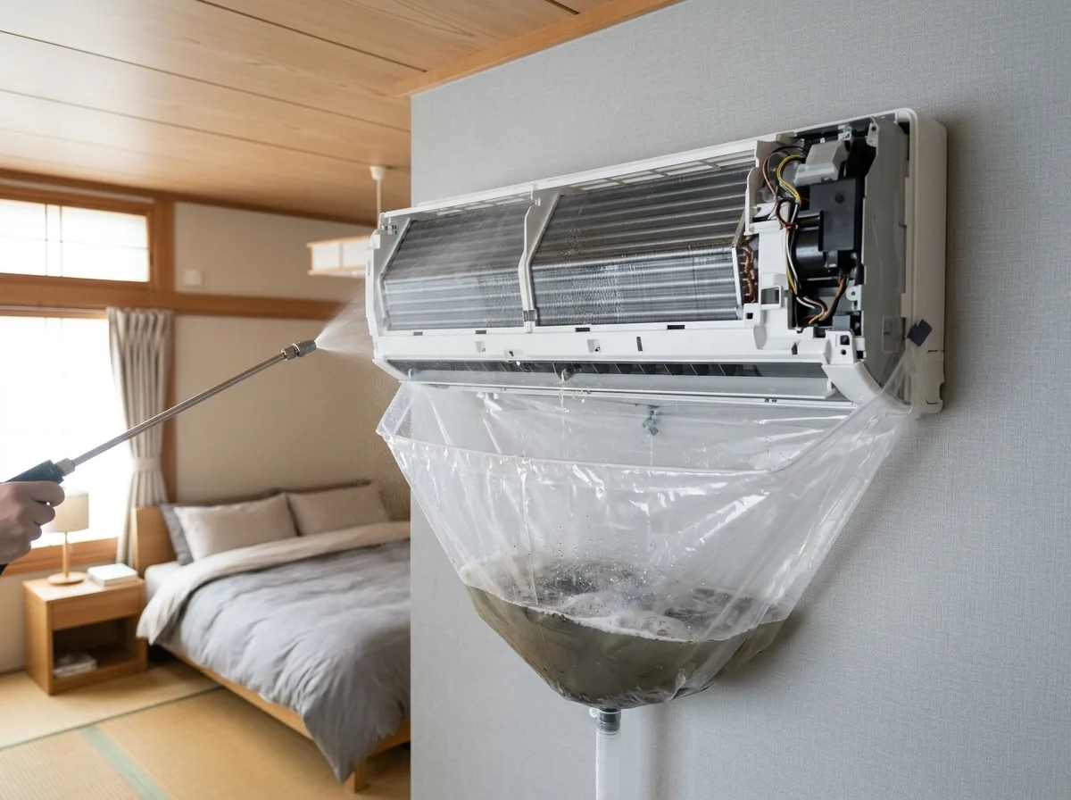 壁掛けエアコンの前面カバーを外し、熱交換器に水を吹き付けて、汚れた水を透明な洗浄カバーで受けている様子
