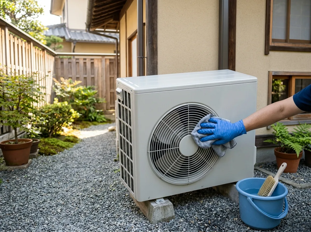 戸建ての庭先に置かれた室外機の前面を、手袋をした手で布を使って拭いている様子