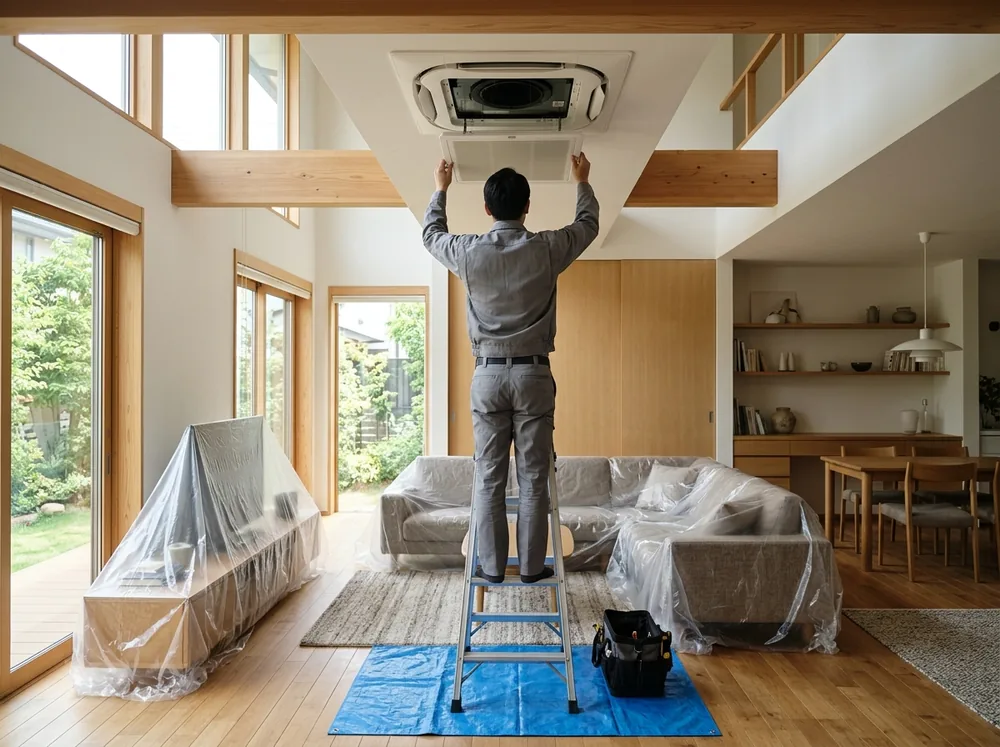 広いリビングの天井に付いた家庭用の天カセの下にシートを敷き、脚立を立ててパネルを外している作業者の後ろ姿と、シートで覆われたソファ